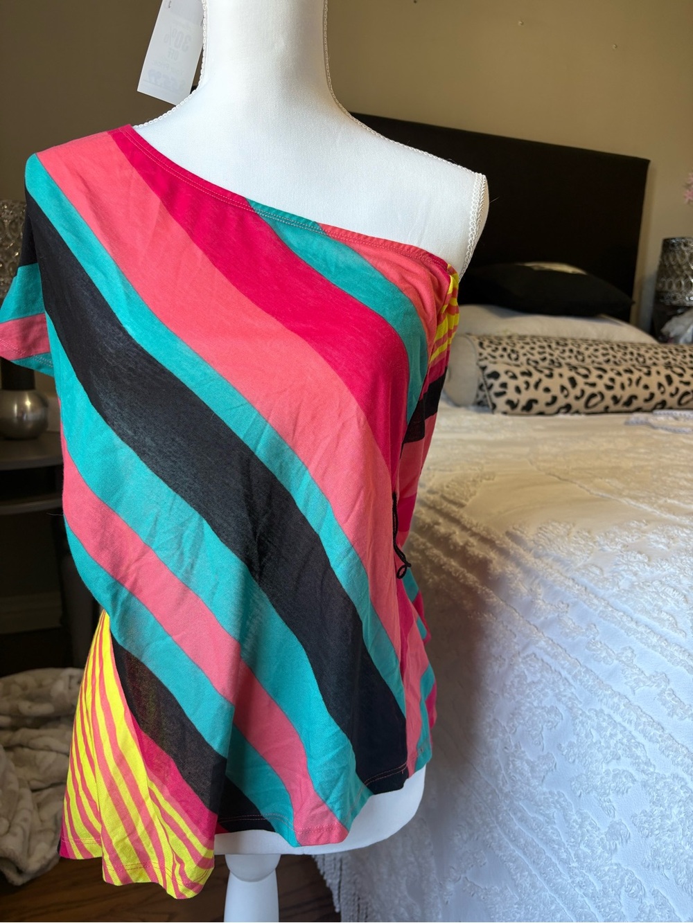 Y2K vintage Bright Multi-Stripe One-Shoulder Top - Pink, Teal, Black, Yellow